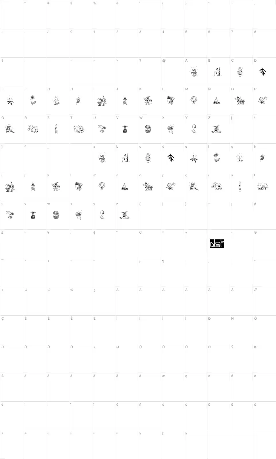 Mapa de caracteres da fonte Typographers Holidayfont