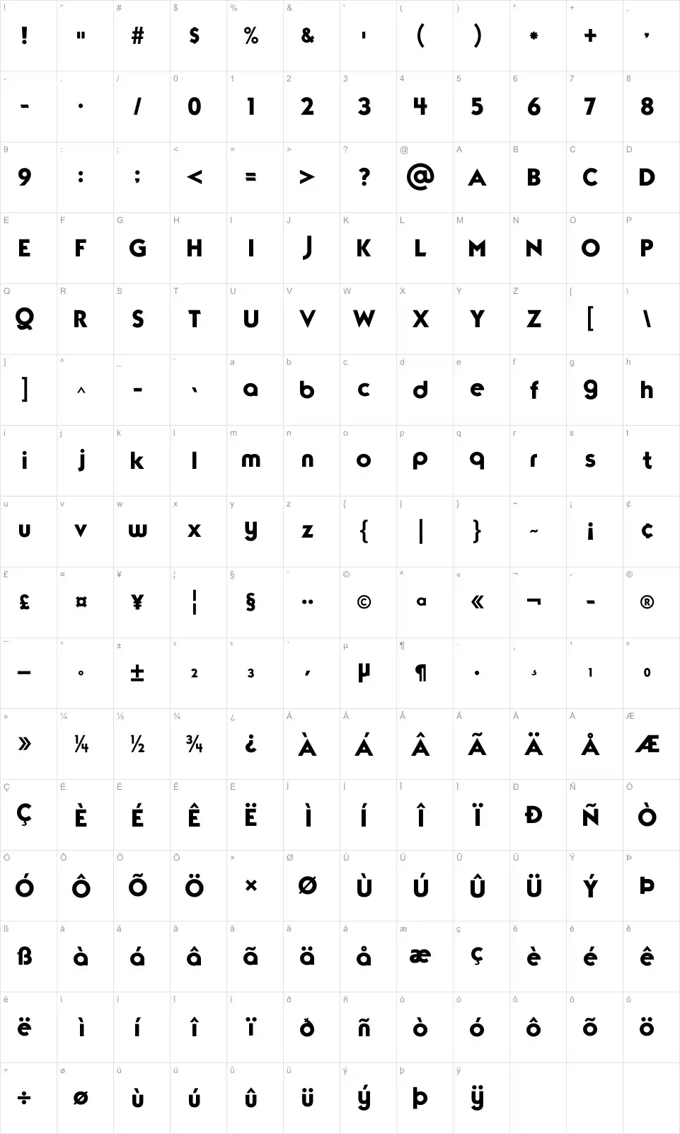 Mapa de caracteres da fonte TypoGraphica