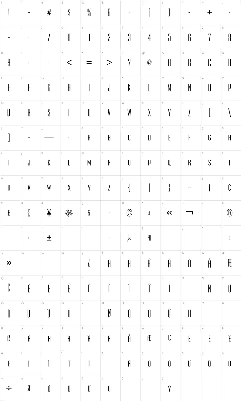 Mapa de caracteres da fonte Ultra Condensed Sans Serif
