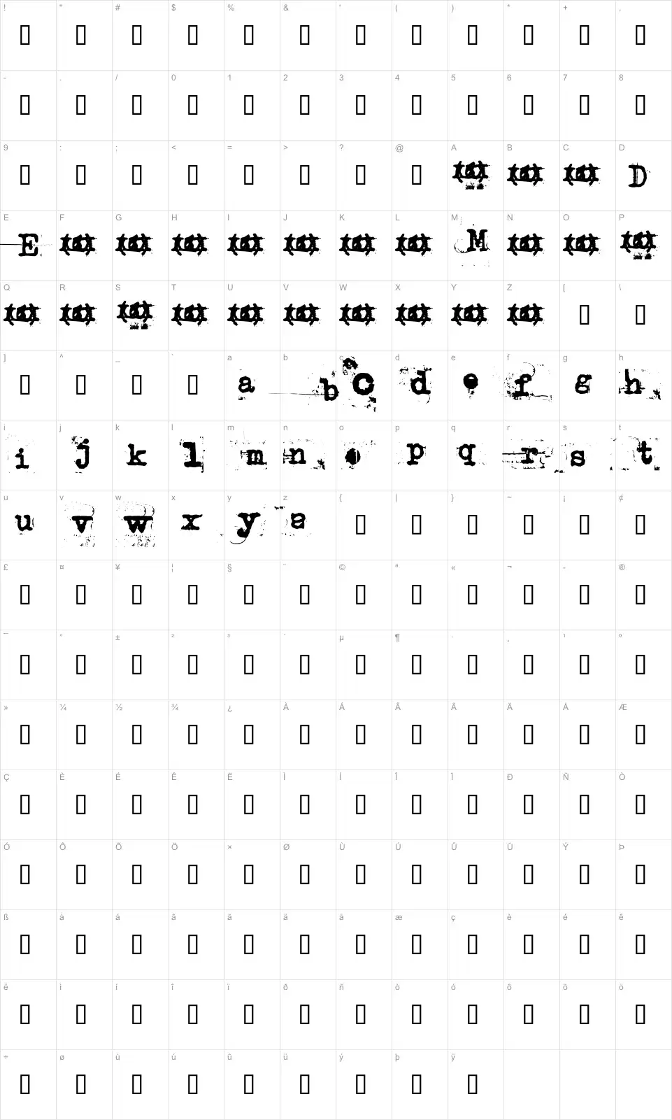 Mapa de caracteres da fonte Uncle Typewriter