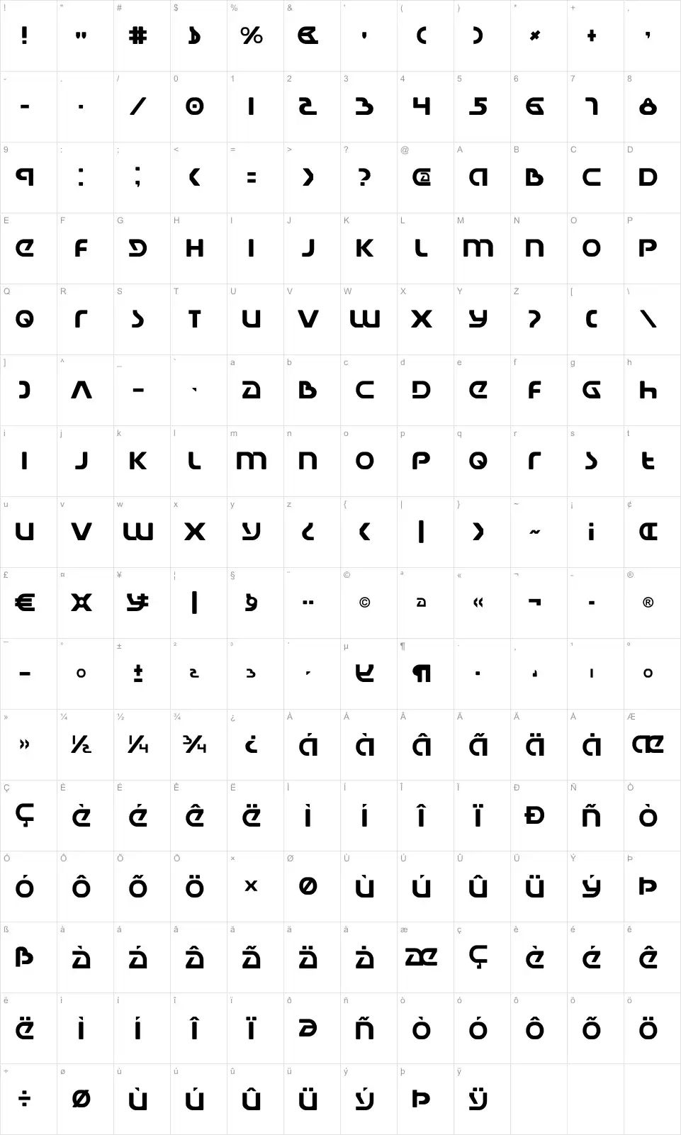 Mapa de caracteres da fonte Universal Jack