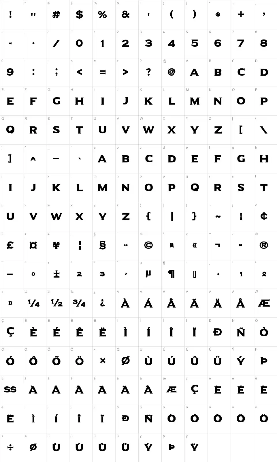 Mapa de caracteres da fonte Universal Serif