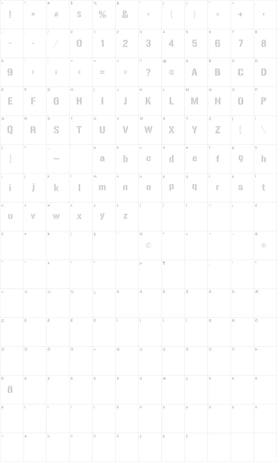 Mapa de caracteres da fonte Urban Sketch