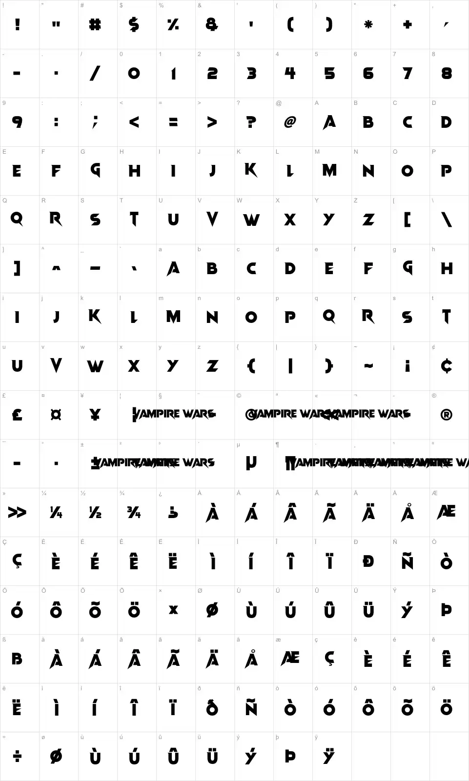Mapa de caracteres da fonte Vampire Wars