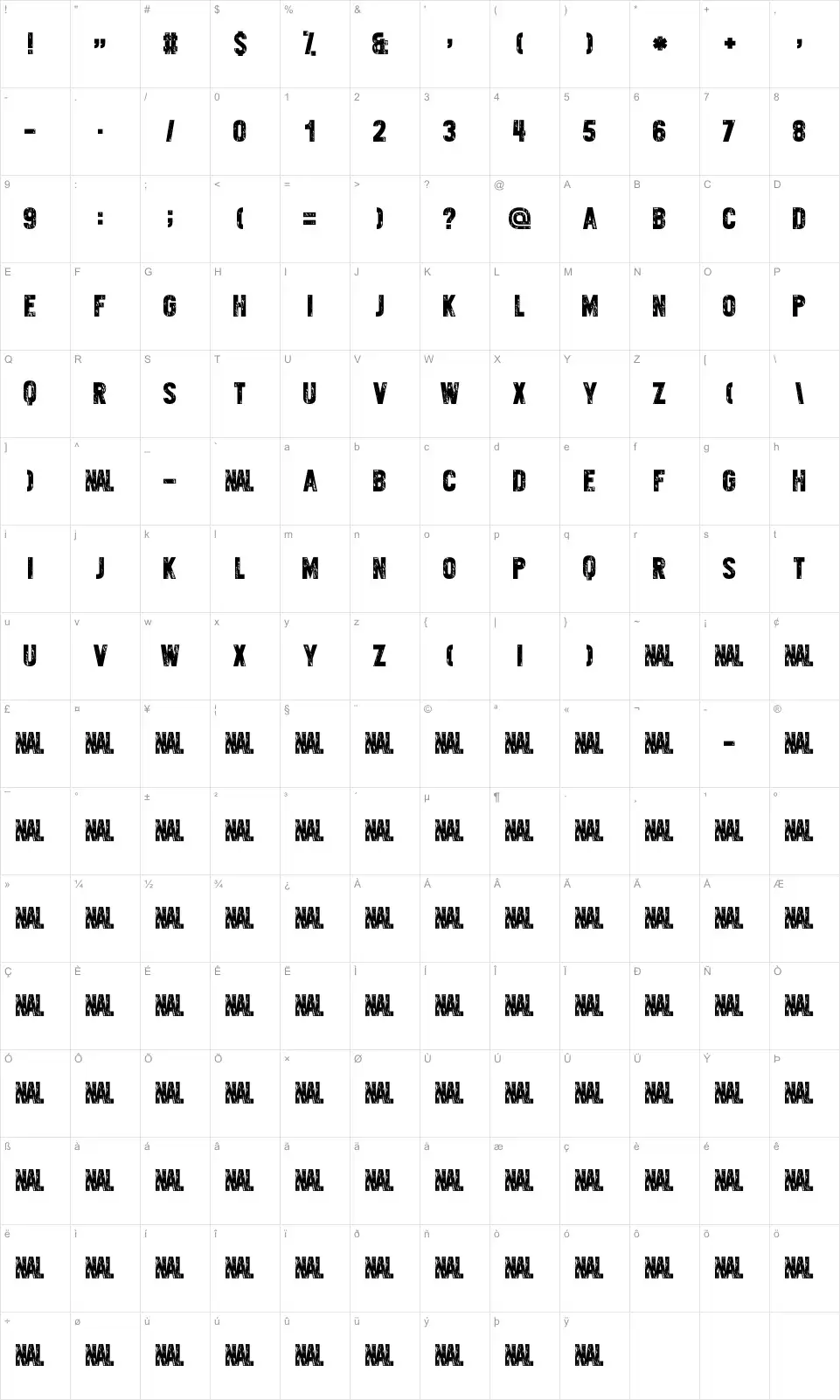 Mapa de caracteres da fonte Variety killer