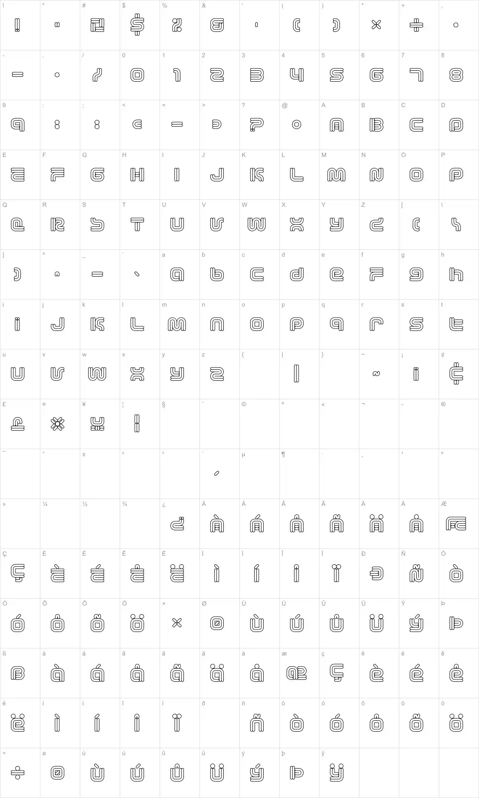 Mapa de caracteres da fonte Vectroid