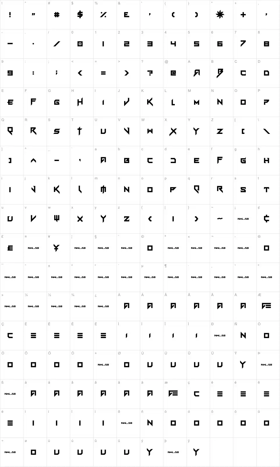 Mapa de caracteres da fonte Vermin Vibes eX