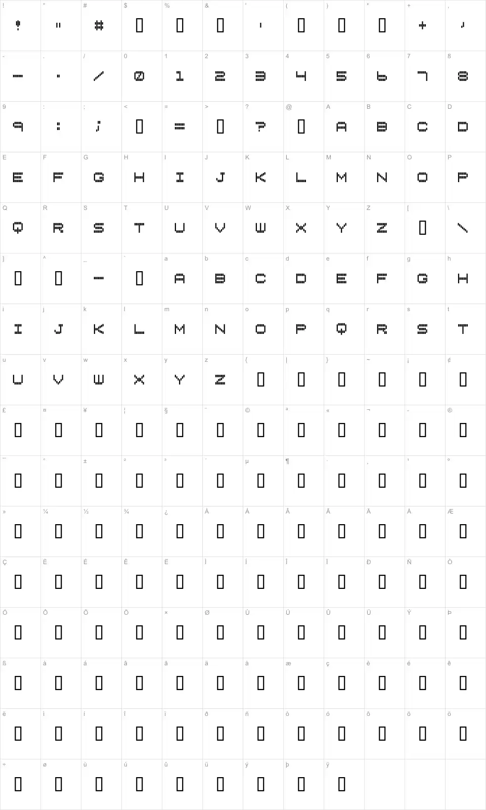 Mapa de caracteres da fonte Vertical Tuning
