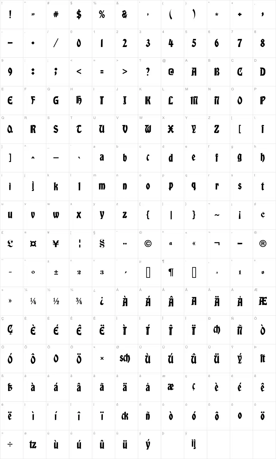 Mapa de caracteres da fonte Victorian Free Ornaments