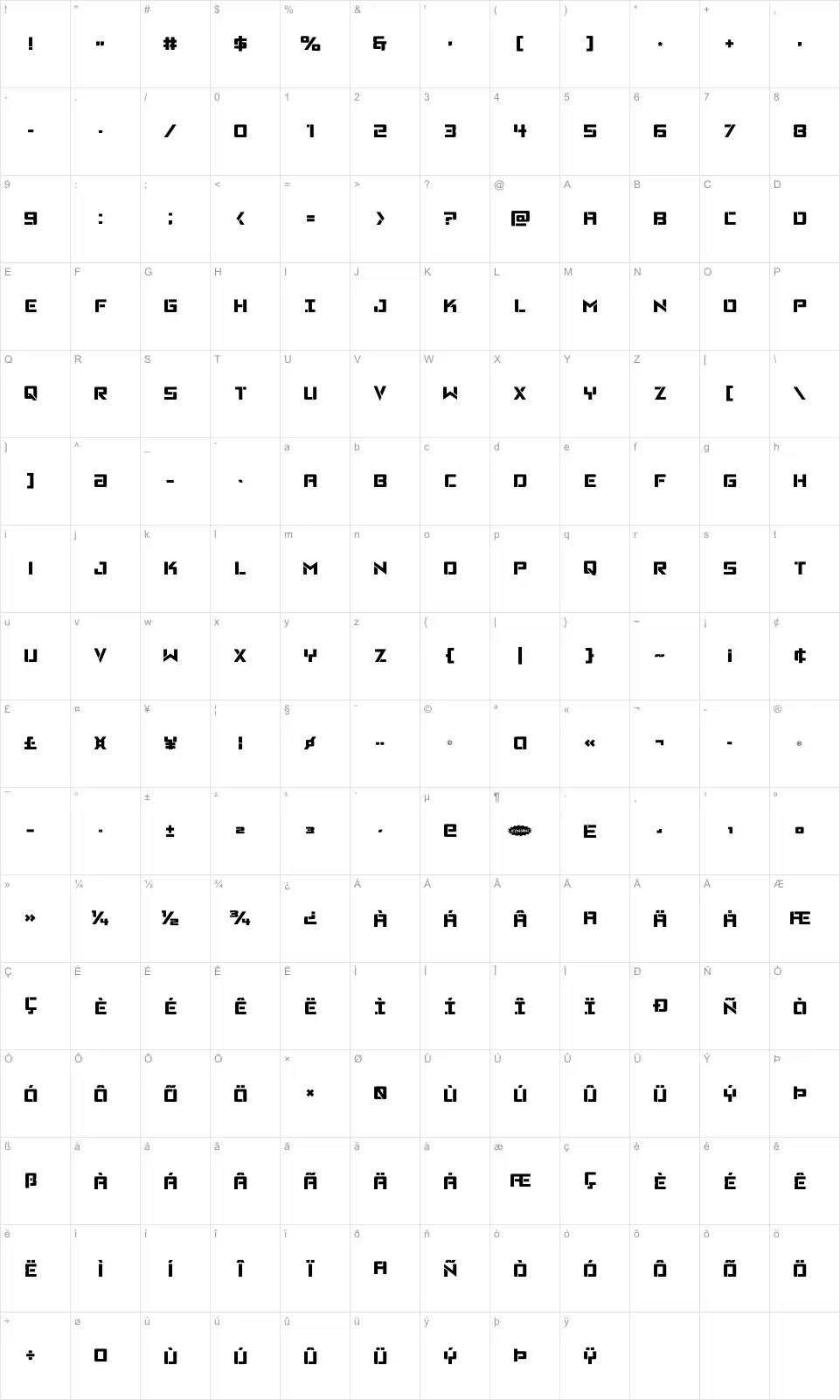 Mapa de caracteres da fonte Viking Squad