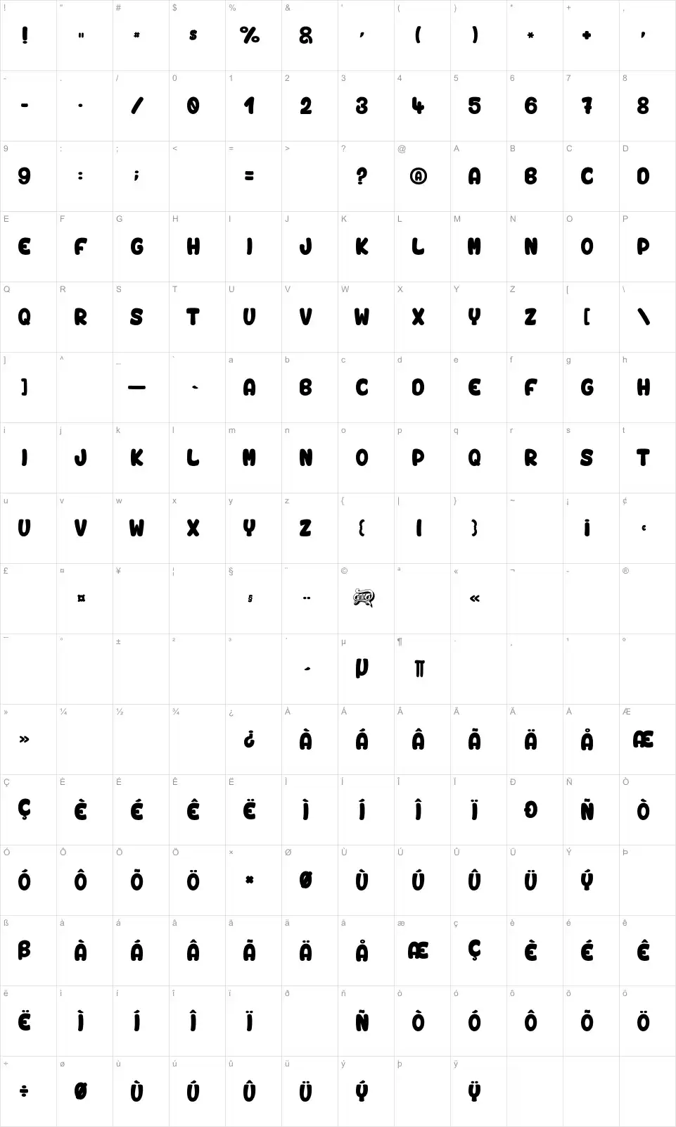 Mapa de caracteres da fonte Vinegar Stroke