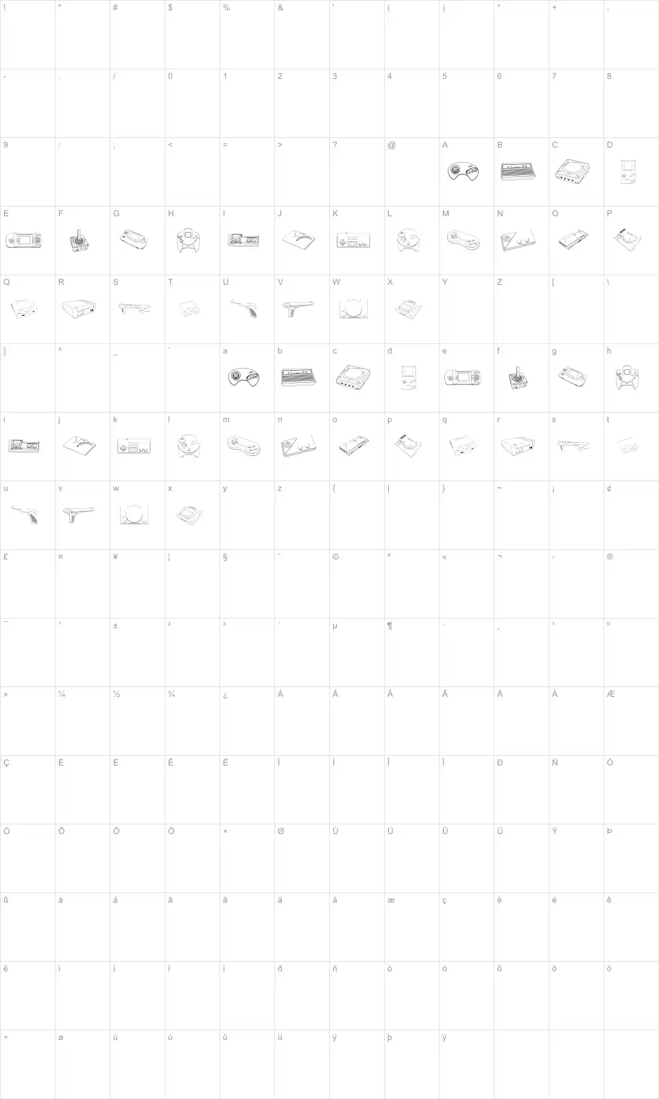 Mapa de caracteres da fonte Vintage Video Games