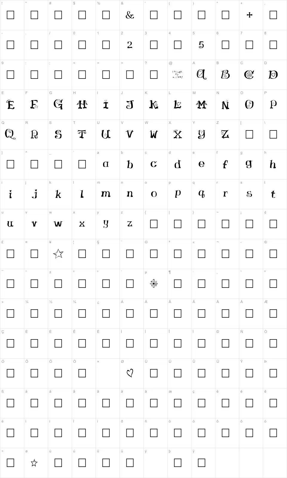 Mapa de caracteres da fonte Virgin Love