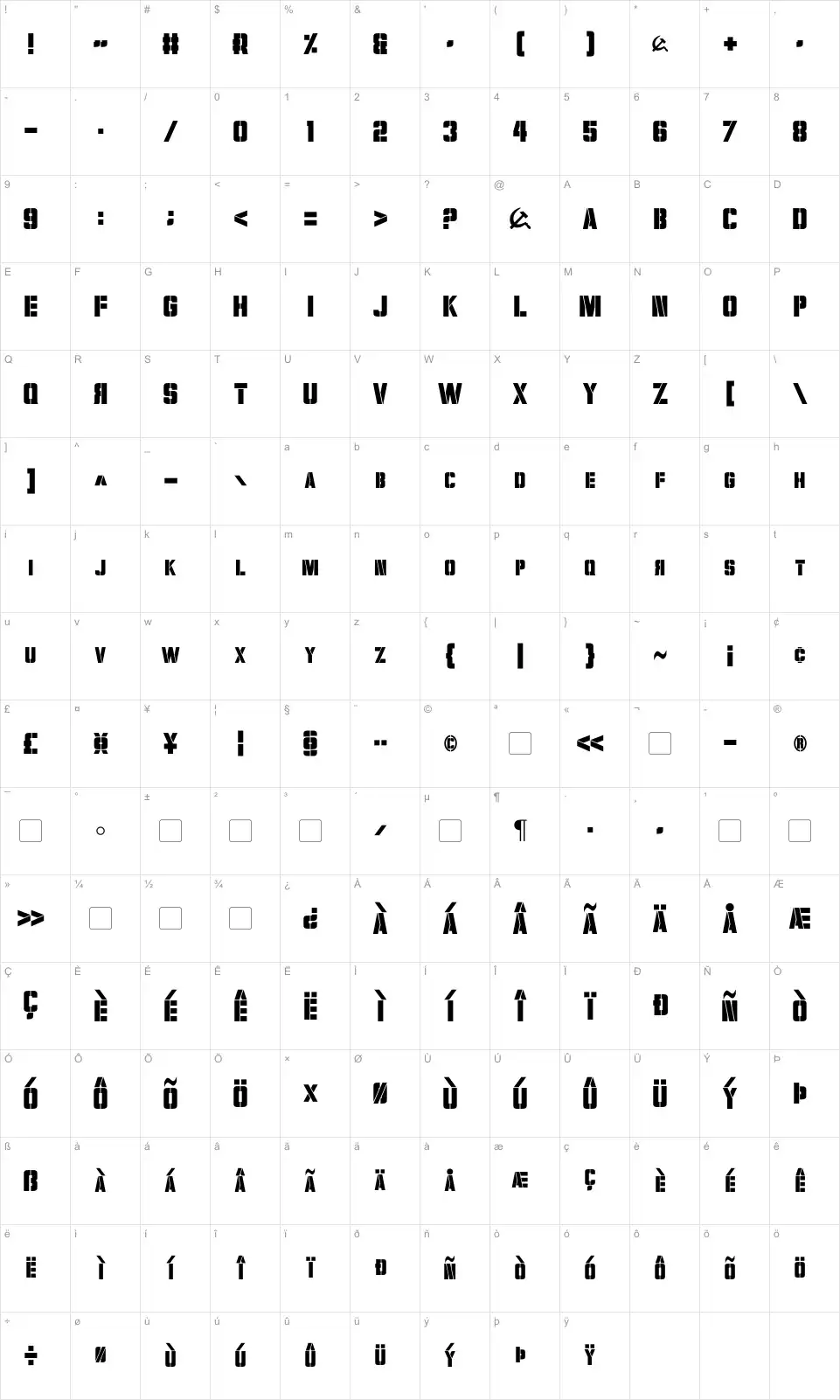 Mapa de caracteres da fonte Volkoff