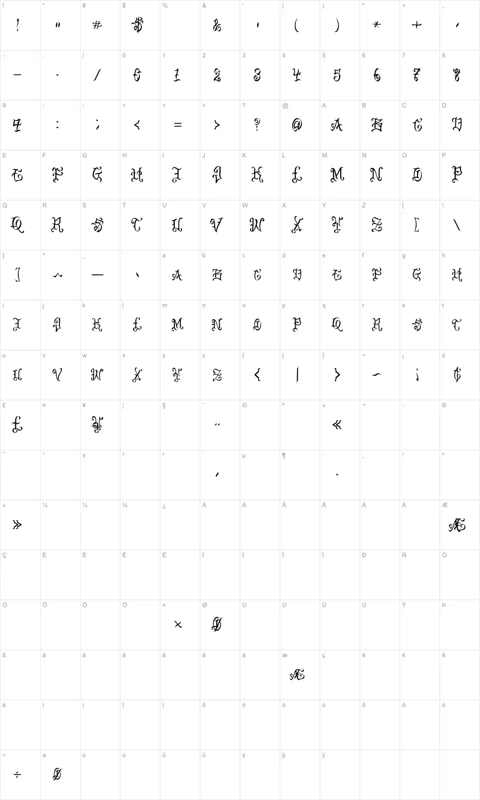 Mapa de caracteres da fonte VTC Bad Englisch One