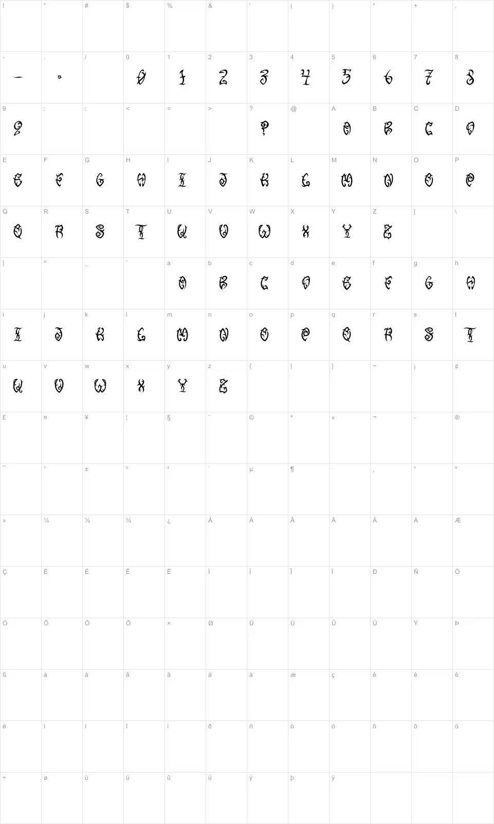 Mapa de caracteres da fonte VTC Tribal Three