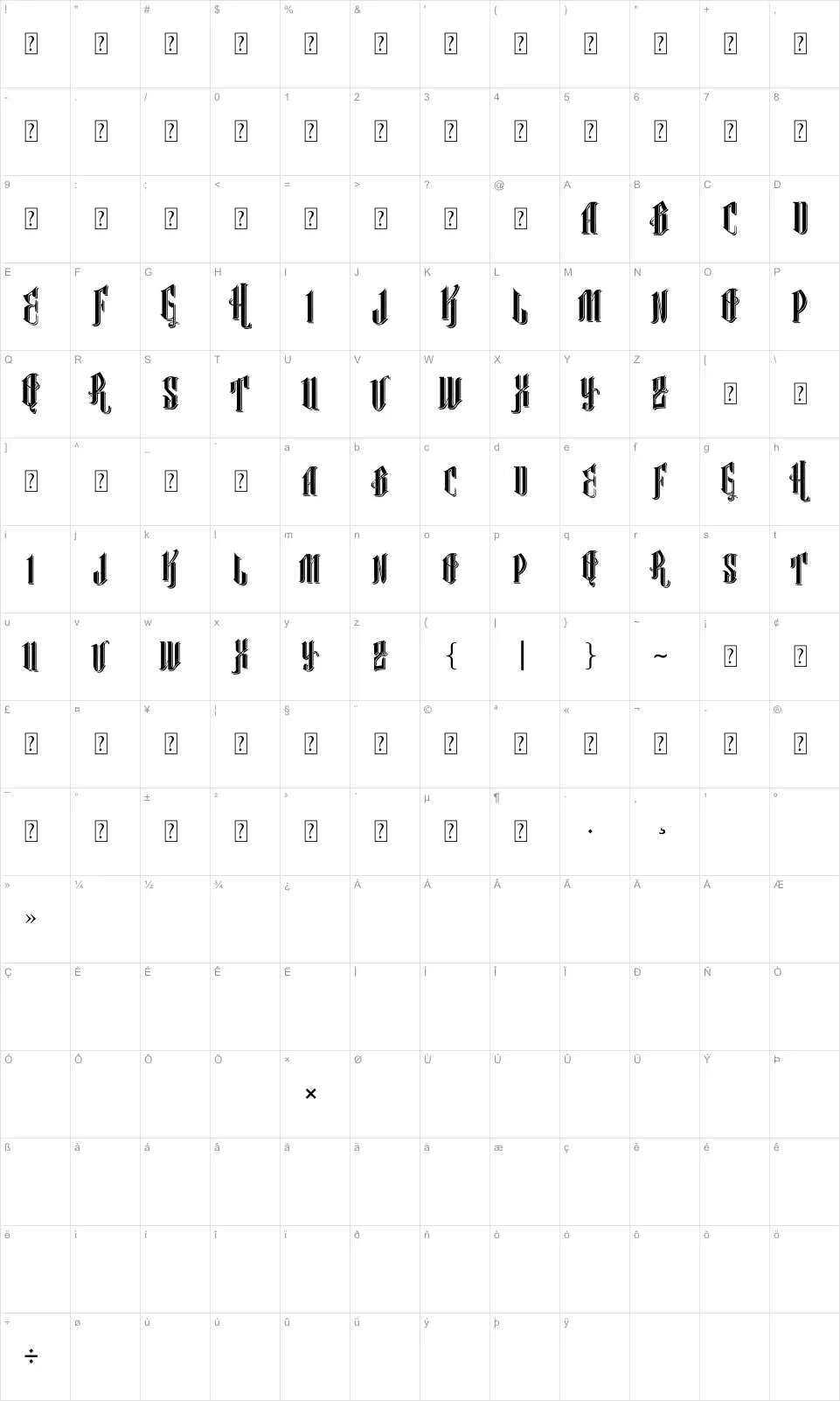 Mapa de caracteres da fonte Vtks Classical Hit