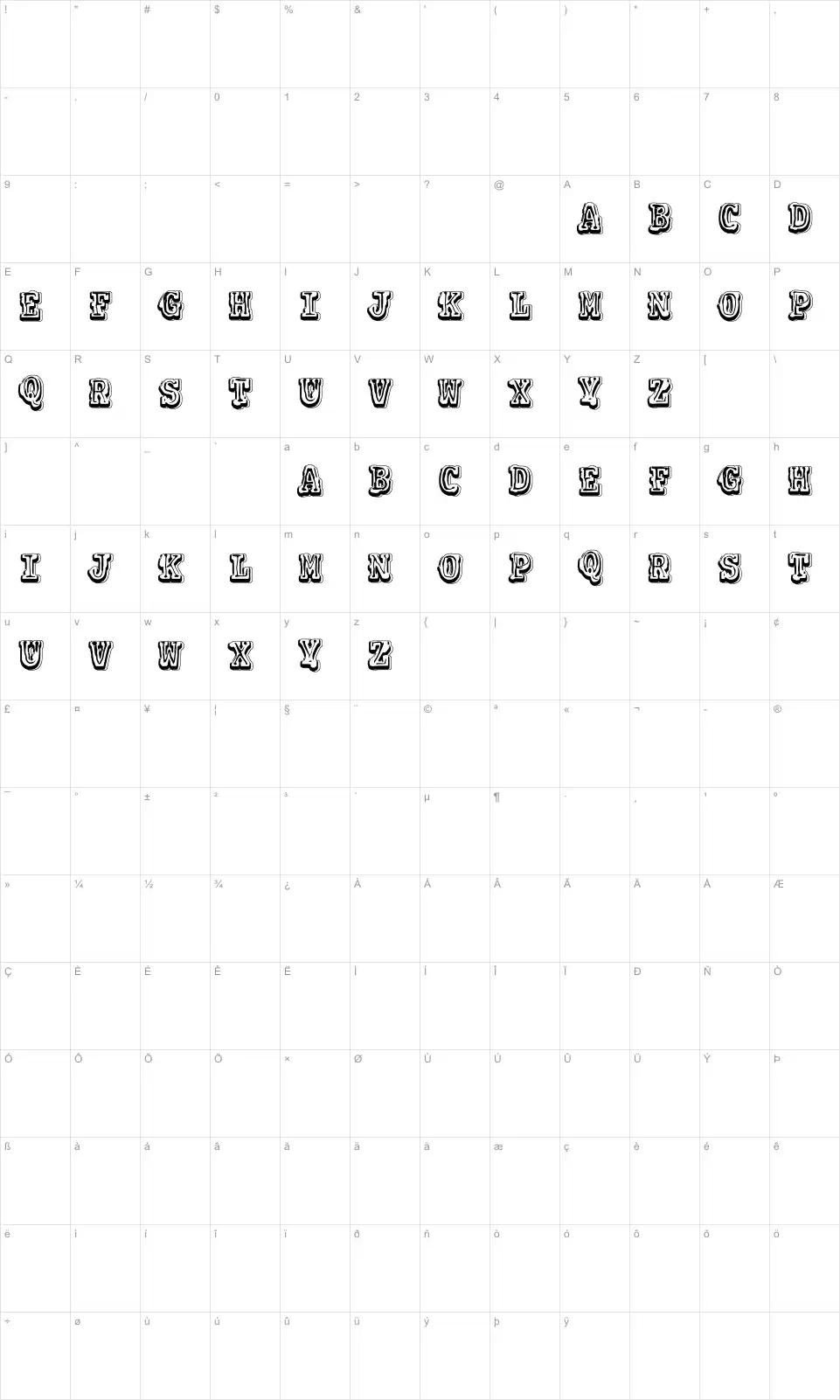 Mapa de caracteres da fonte VTKS Colagem