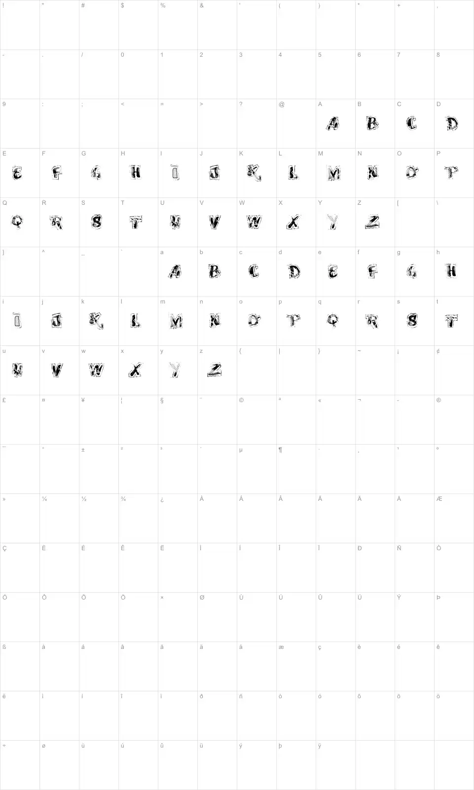 Mapa de caracteres da fonte VTKS Scrubbled