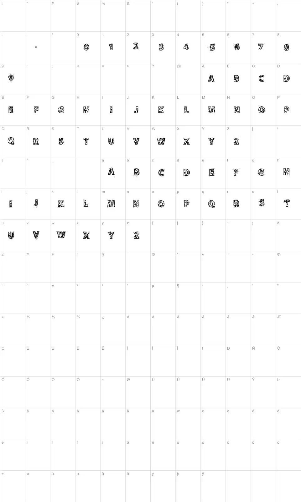 Mapa de caracteres da fonte VTKS Skulls