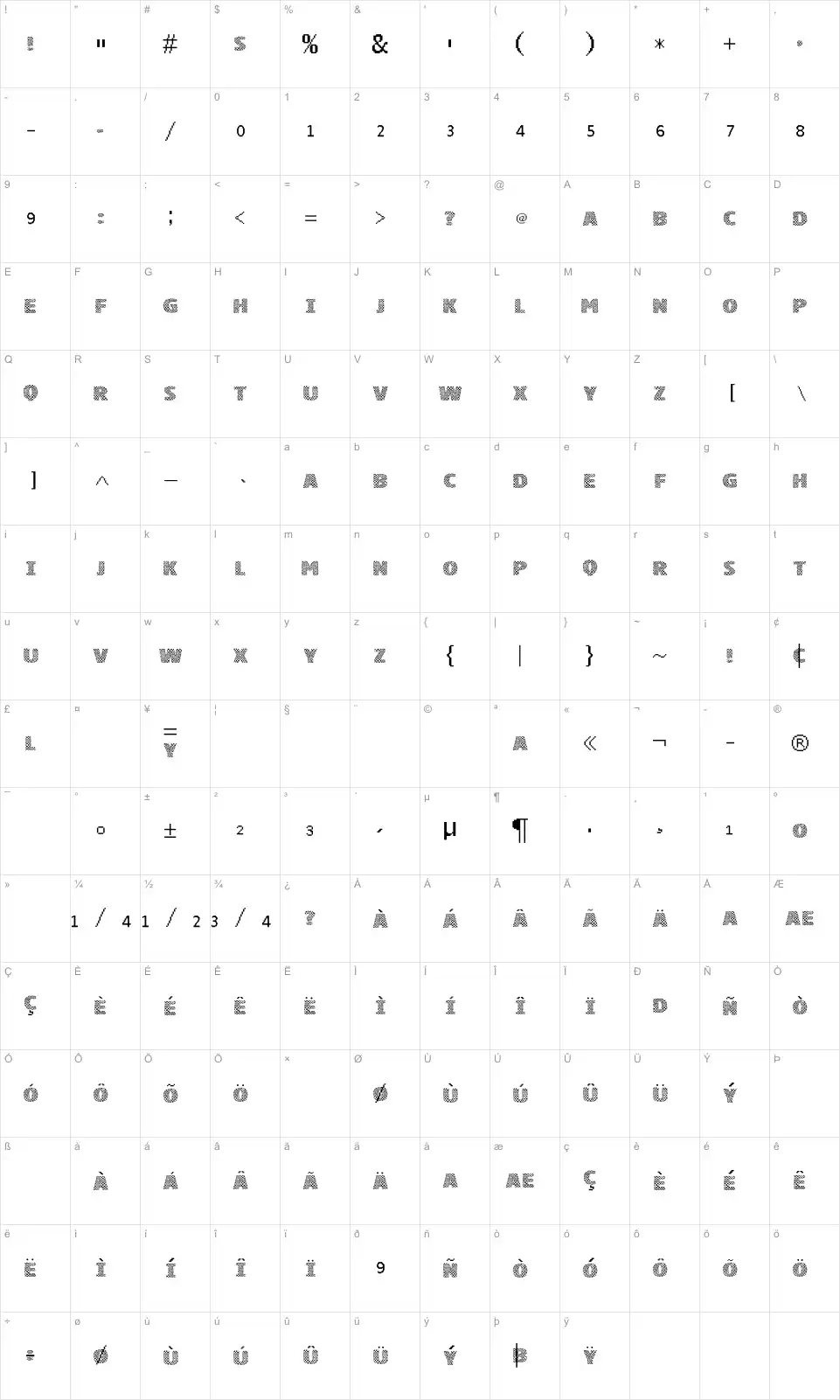 Mapa de caracteres da fonte VTKS Squares