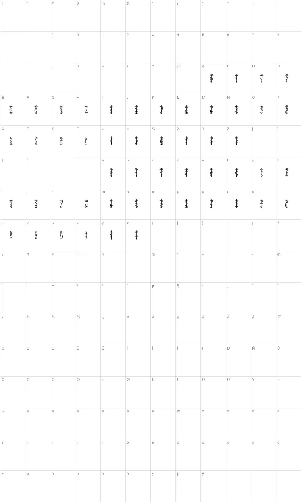 Mapa de caracteres da fonte Vulcan Script