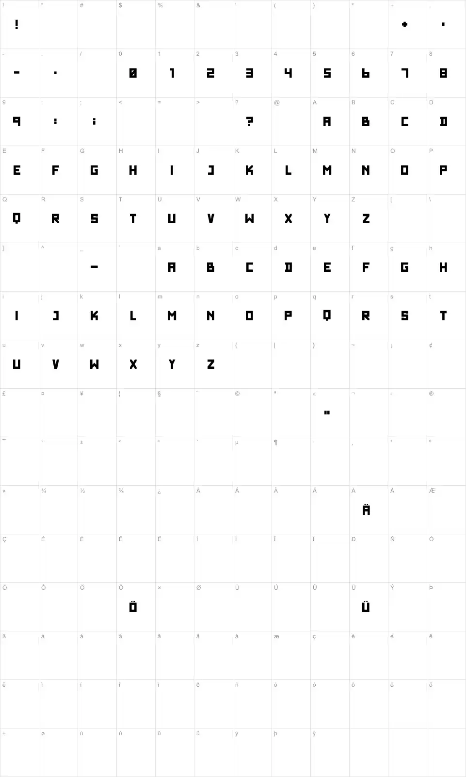 Mapa de caracteres da fonte Wadim Giant