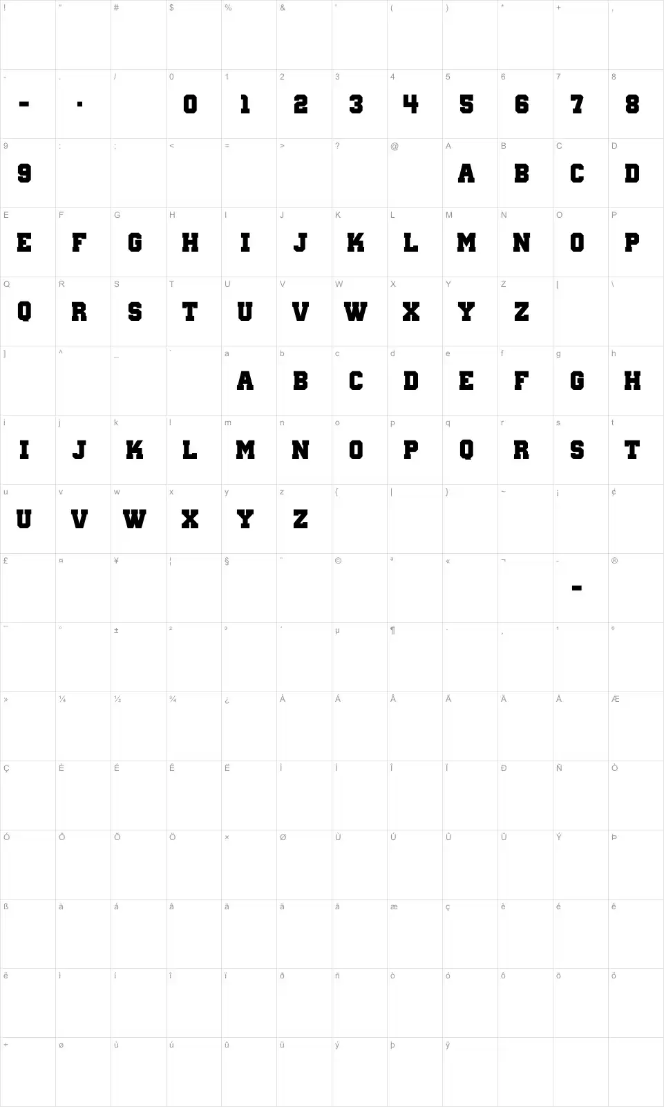 Mapa de caracteres da fonte Wanted M54