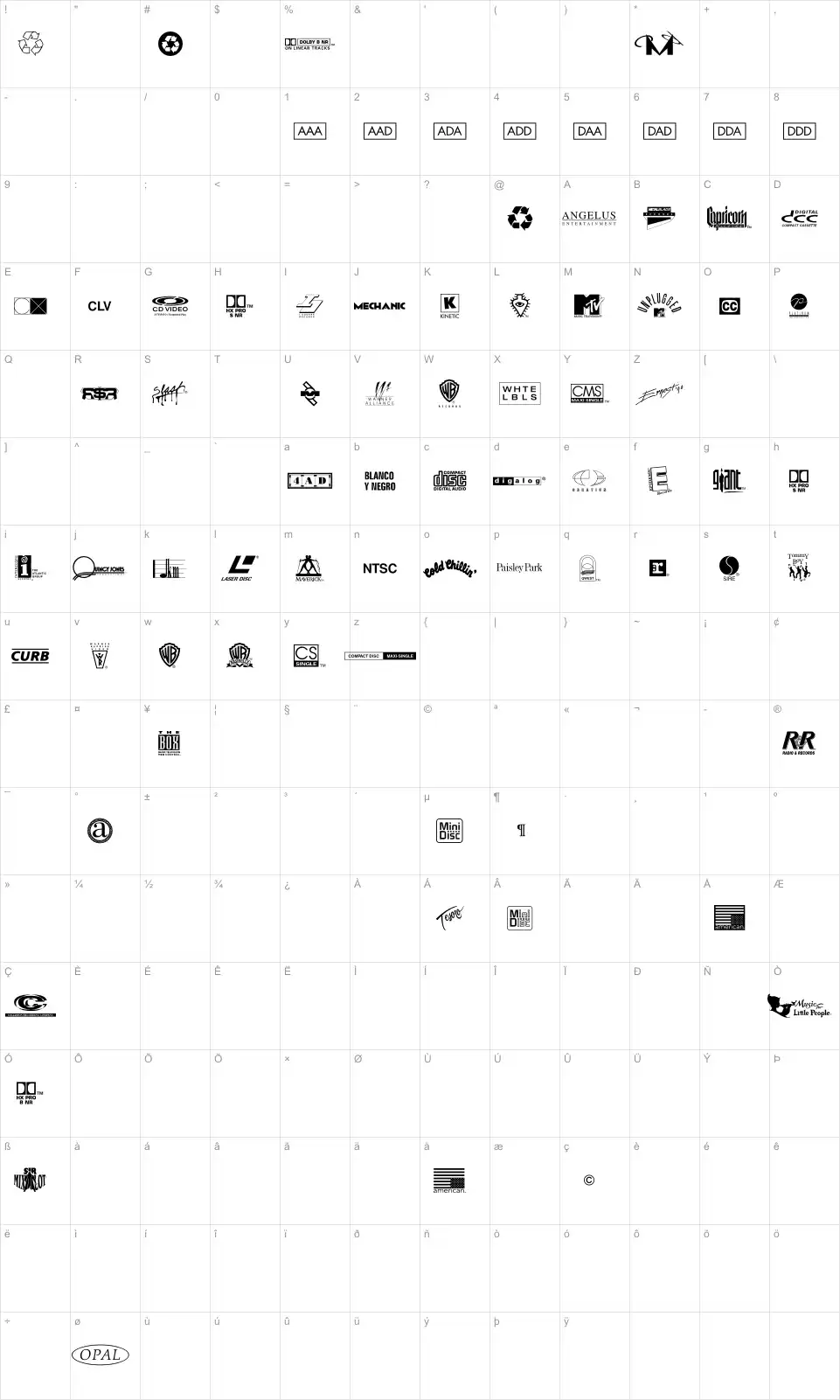 Mapa de caracteres da fonte Warner Logo Font Nine