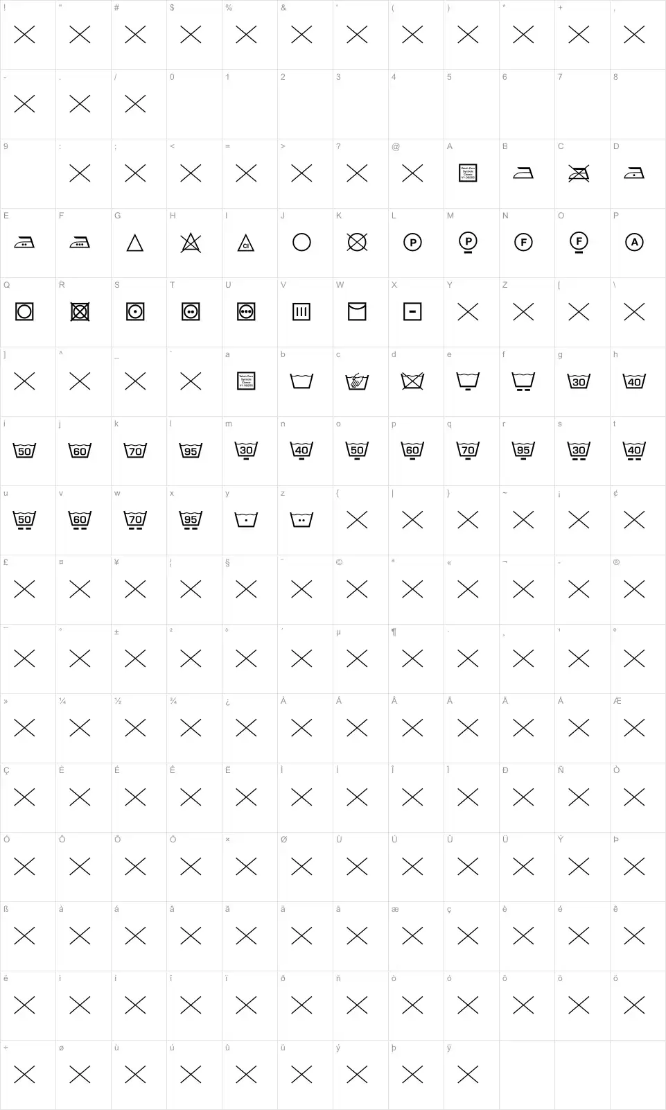 Mapa de caracteres da fonte Wash Care Symbols Classic M54
