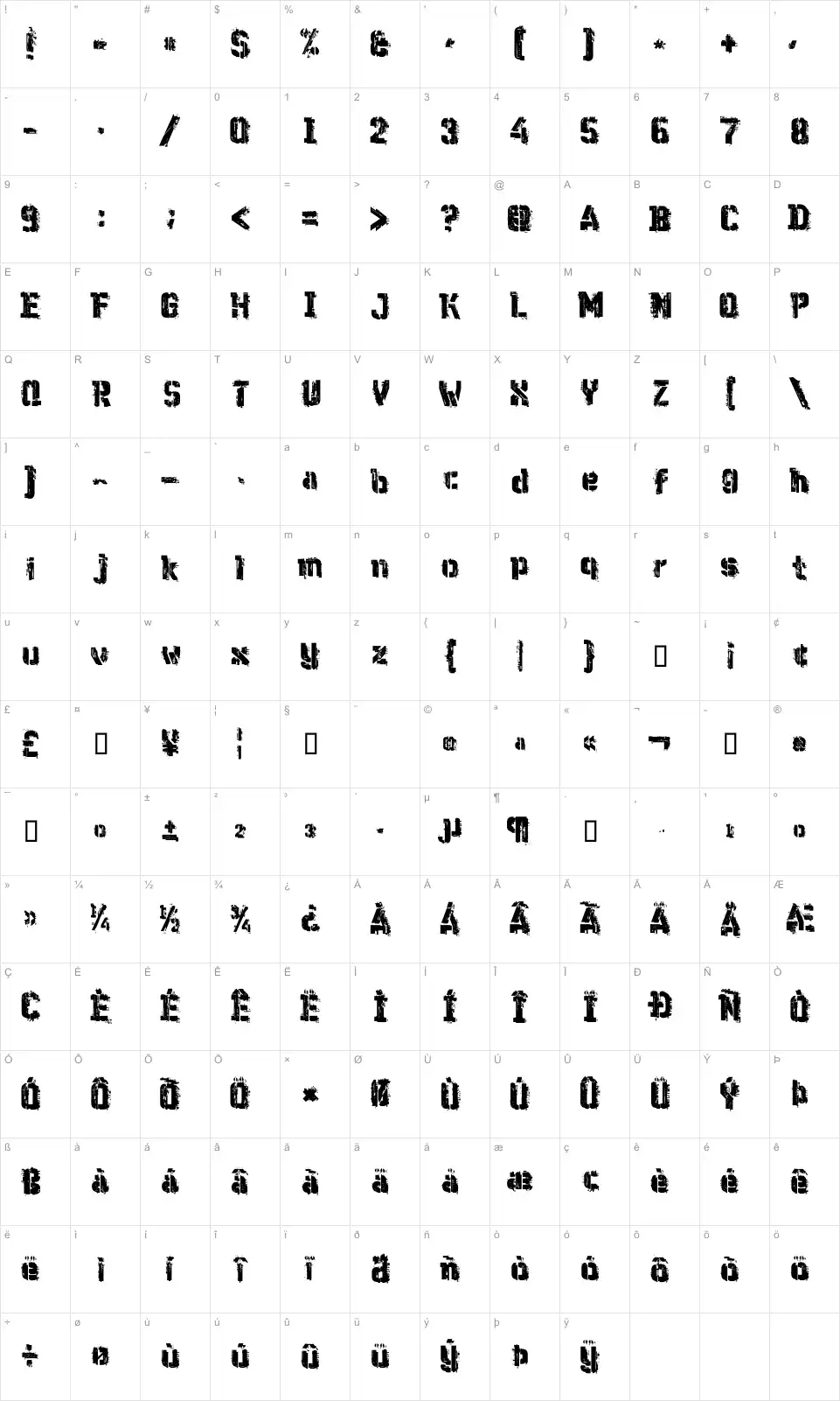 Mapa de caracteres da fonte WC Wunderbach Mix Bta