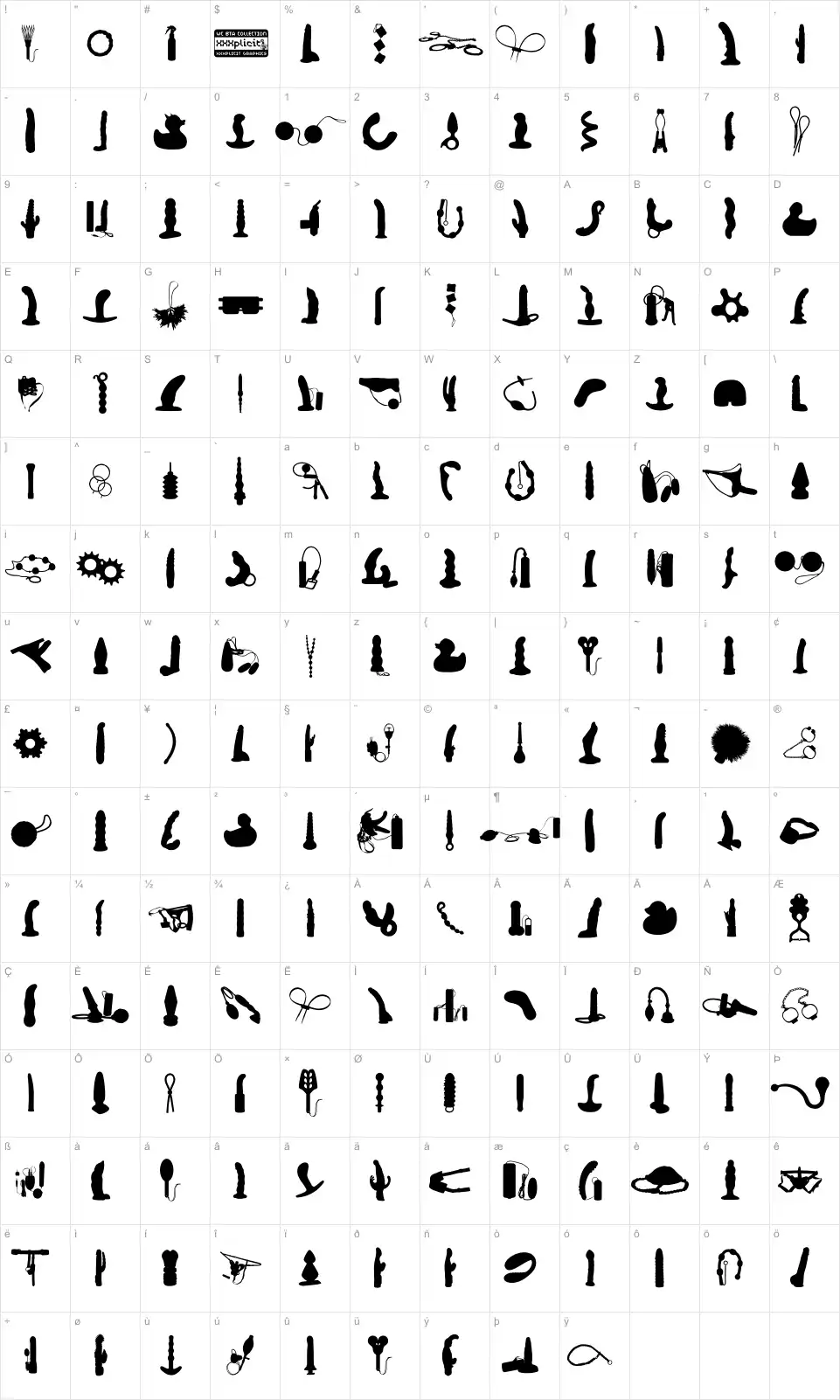 Mapa de caracteres da fonte WC XXXplicit Bta