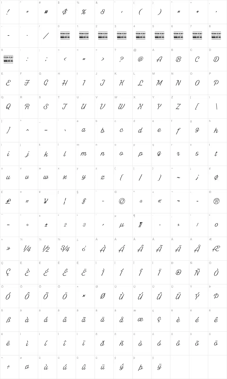 Mapa de caracteres da fonte White Larch