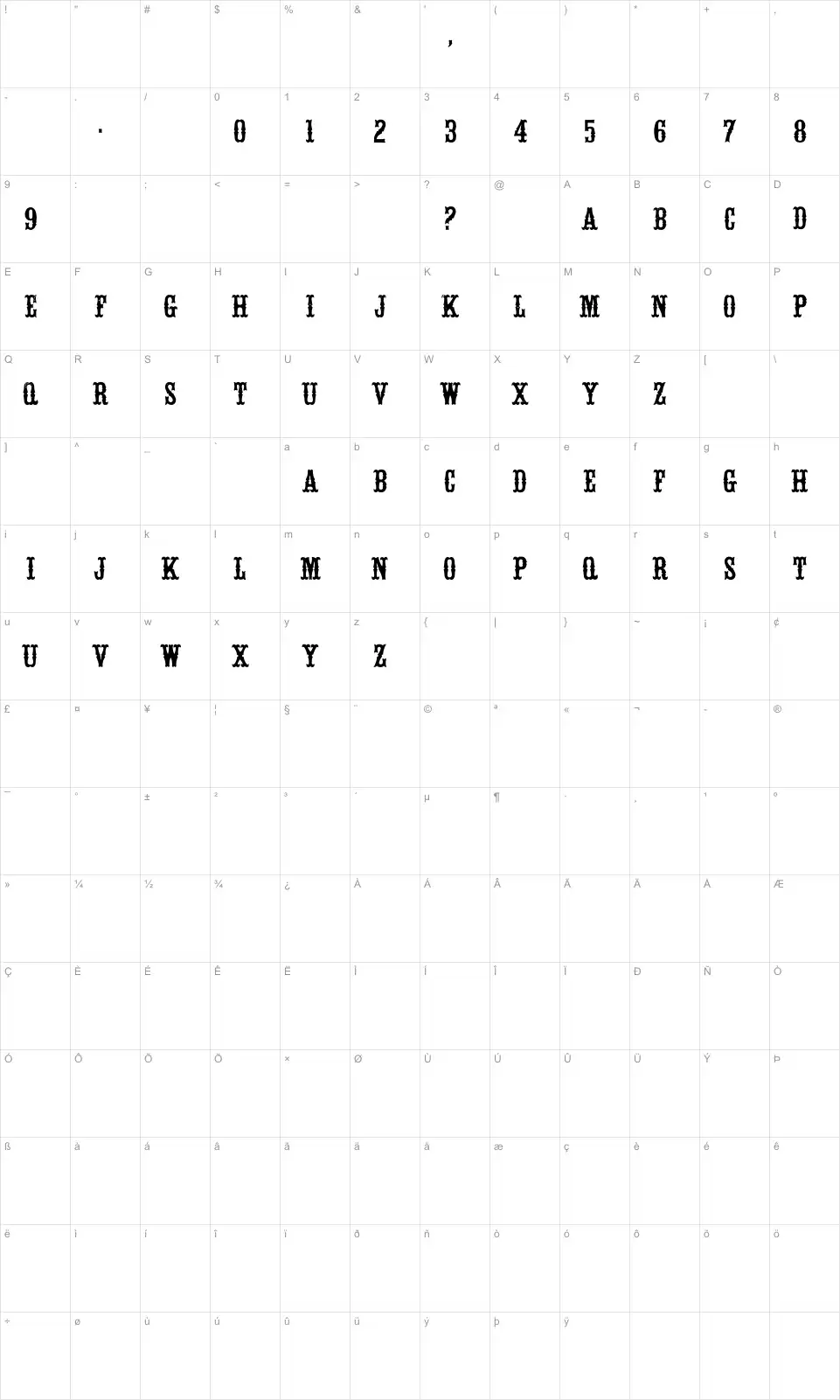 Mapa de caracteres da fonte White Vinegar