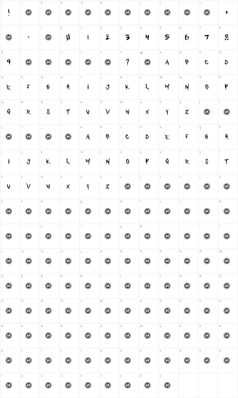 Mapa de caracteres da fonte Who asks Satan
