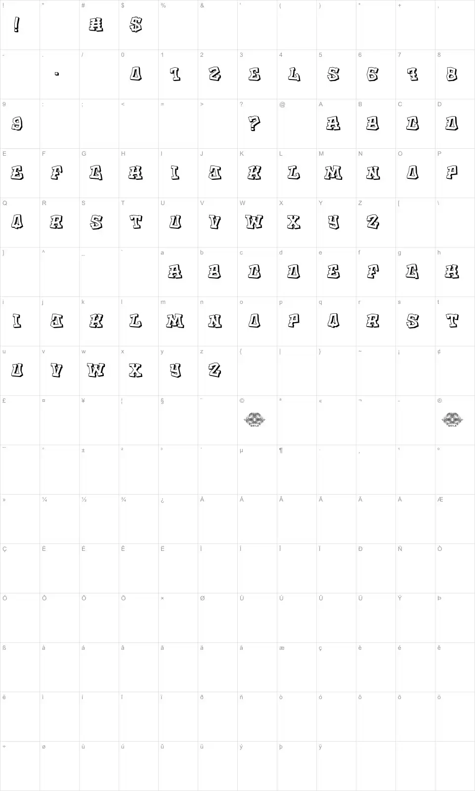 Mapa de caracteres da fonte Whole trains