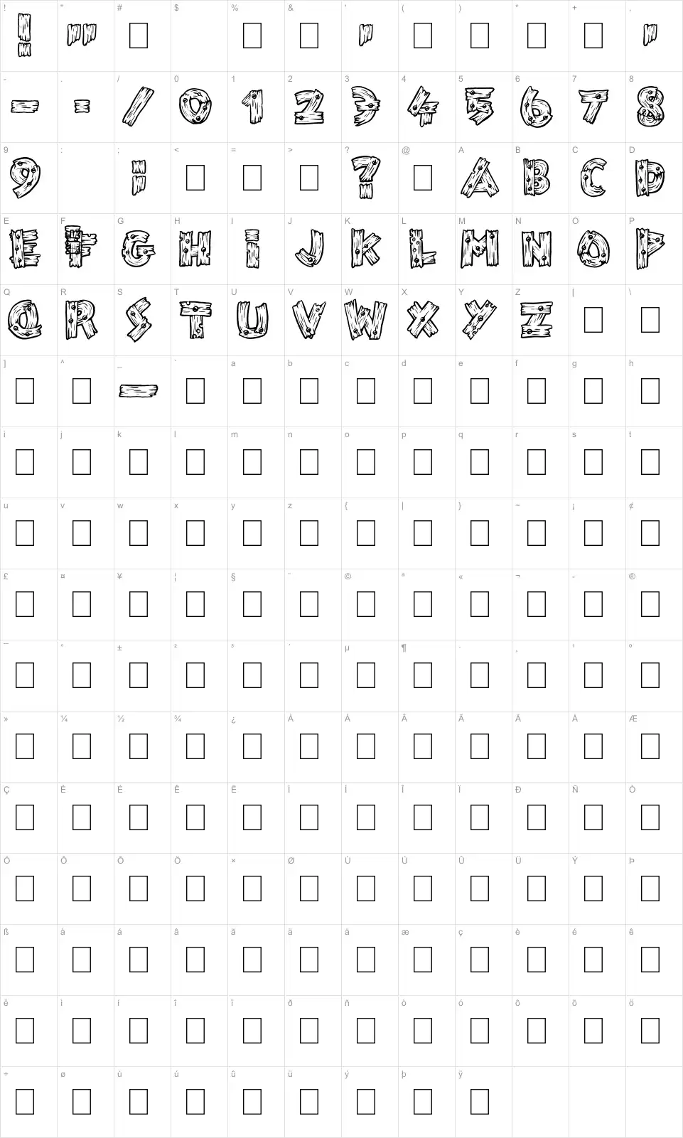 Mapa de caracteres da fonte Wild Trails