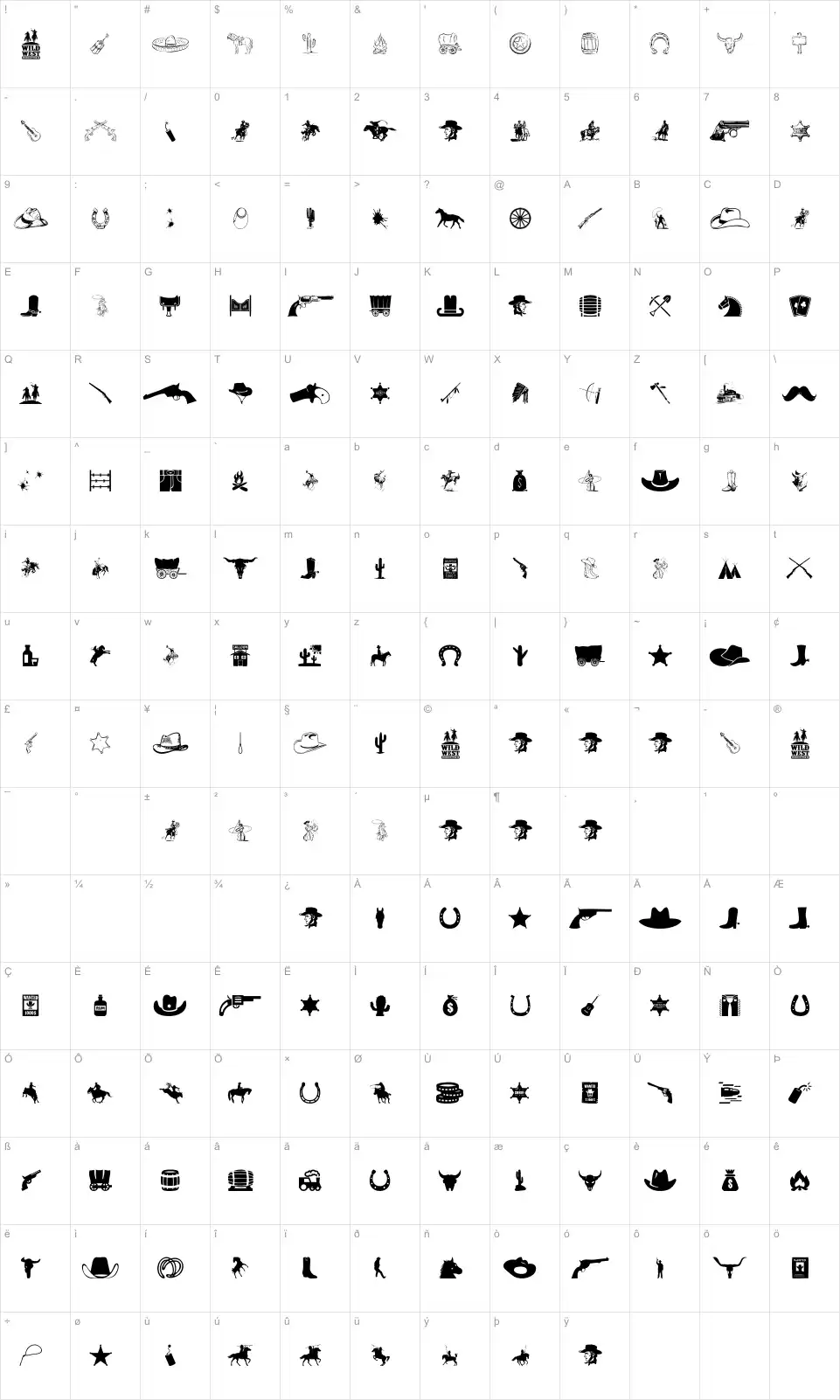 Mapa de caracteres da fonte Wild West Icons