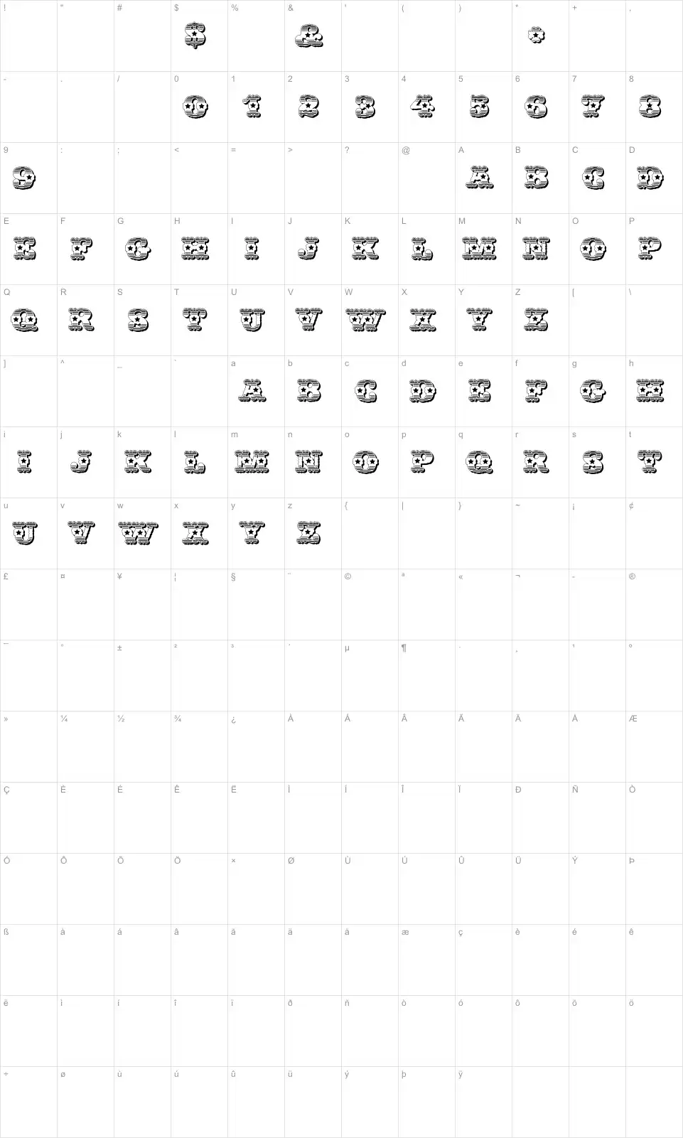 Mapa de caracteres da fonte Wild West