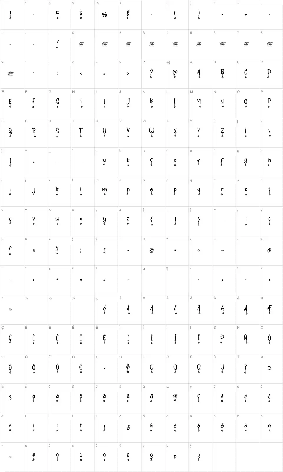 Mapa de caracteres da fonte Winter Bells