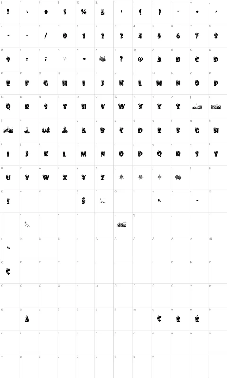 Mapa de caracteres da fonte Winter Flakes