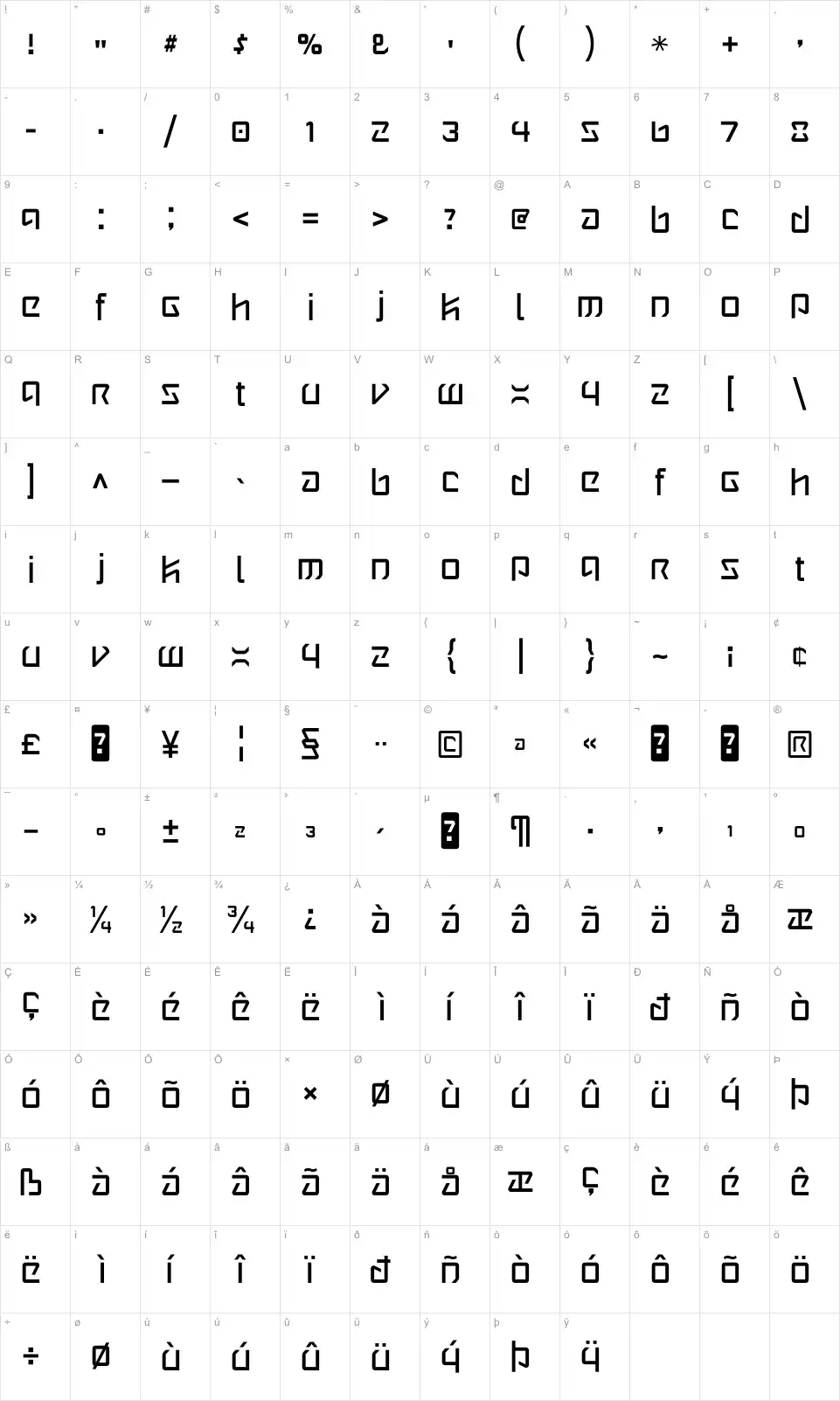 Mapa de caracteres da fonte Wintermute