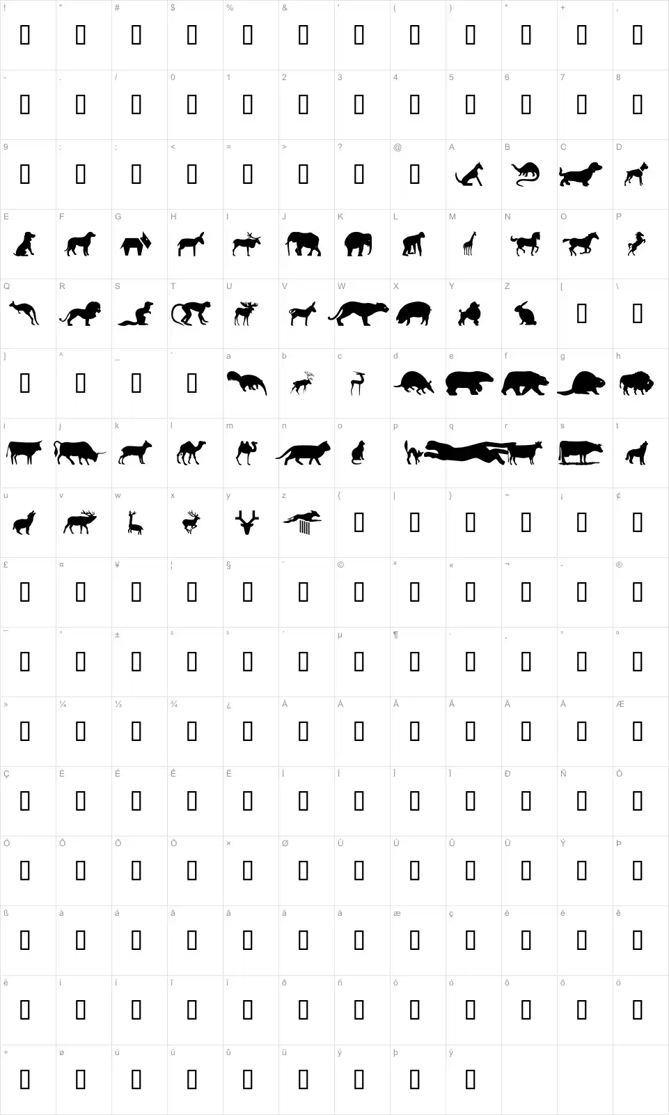 Mapa de caracteres da fonte WM Animals 2