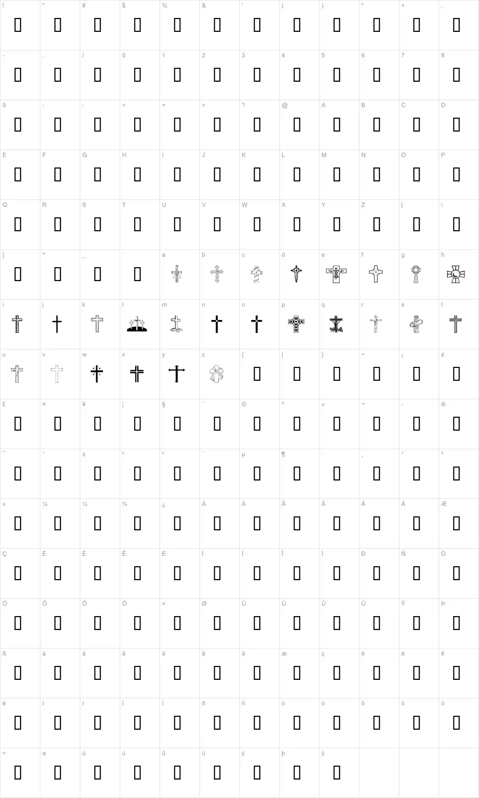 Mapa de caracteres da fonte WM Crosses 1