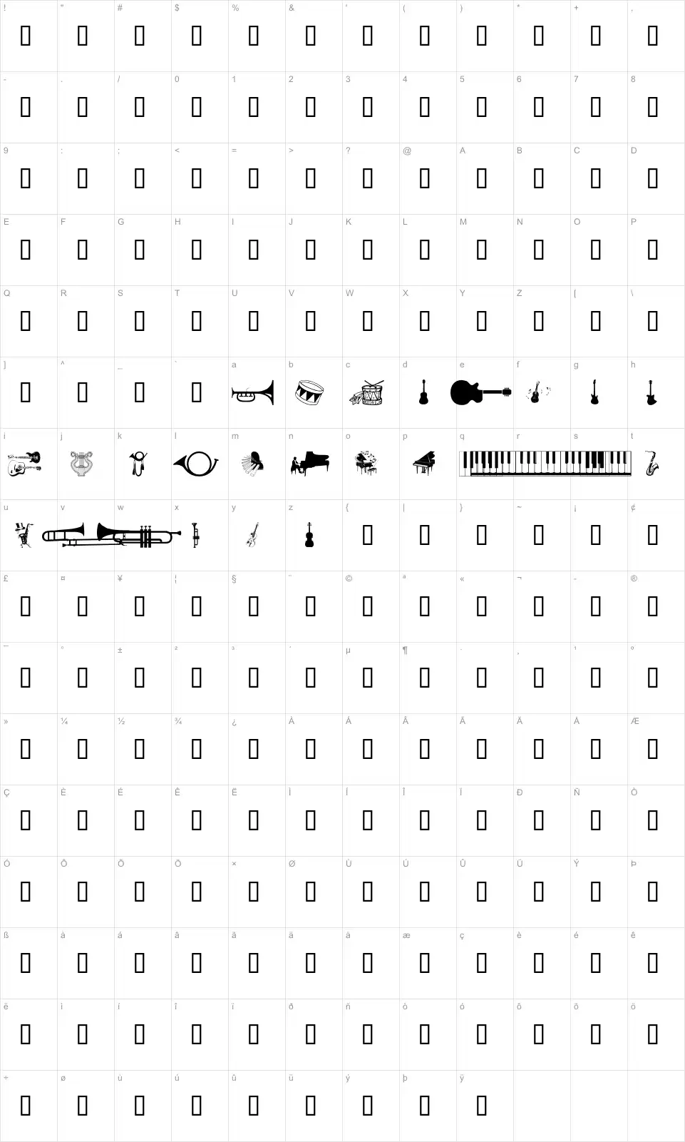 Mapa de caracteres da fonte WM Music