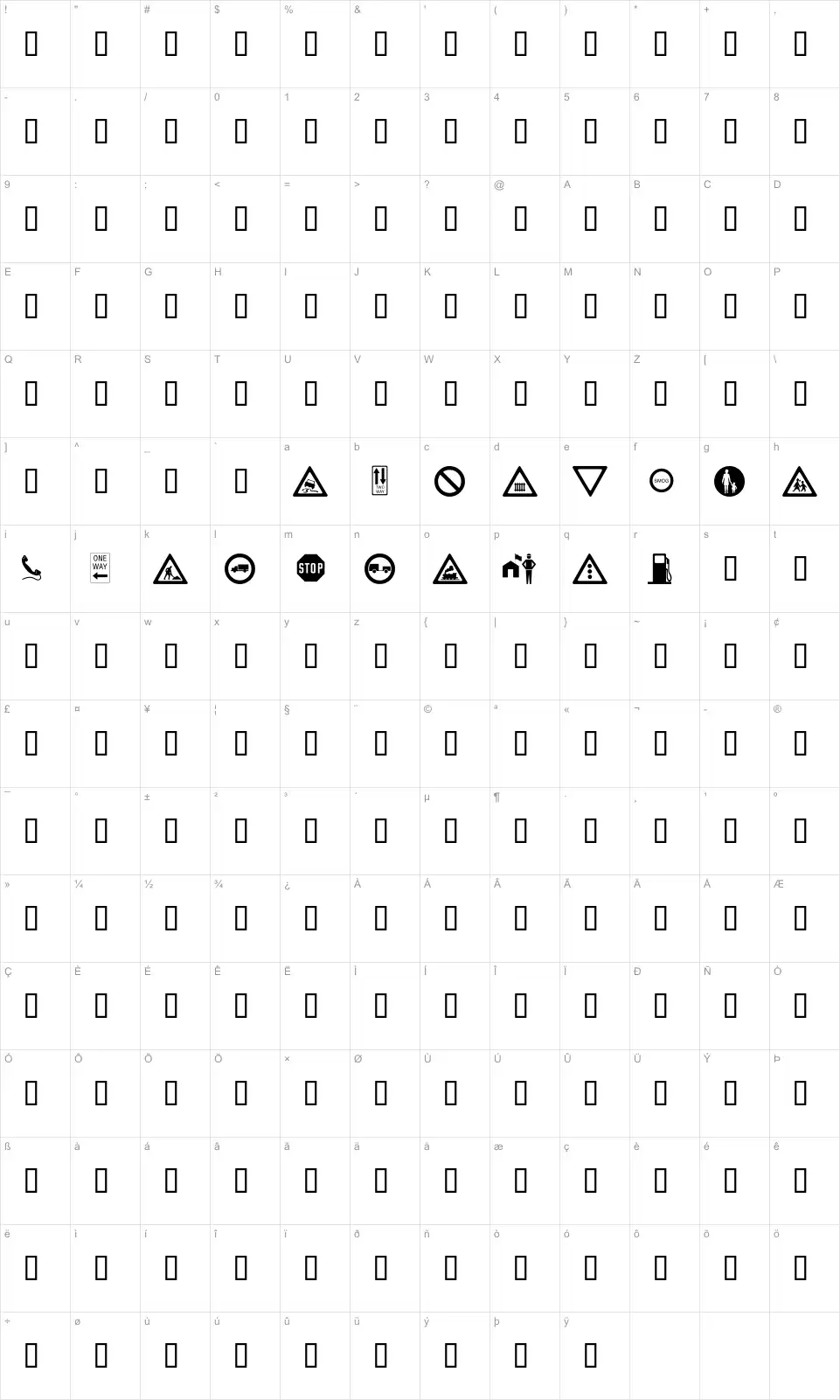 Mapa de caracteres da fonte WM Roadsigns