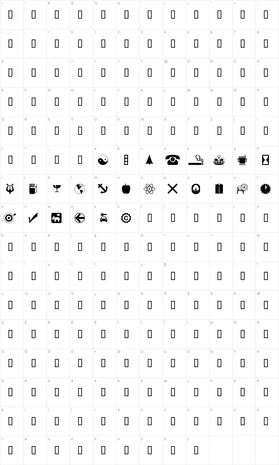 Mapa de caracteres da fonte WM Symbols