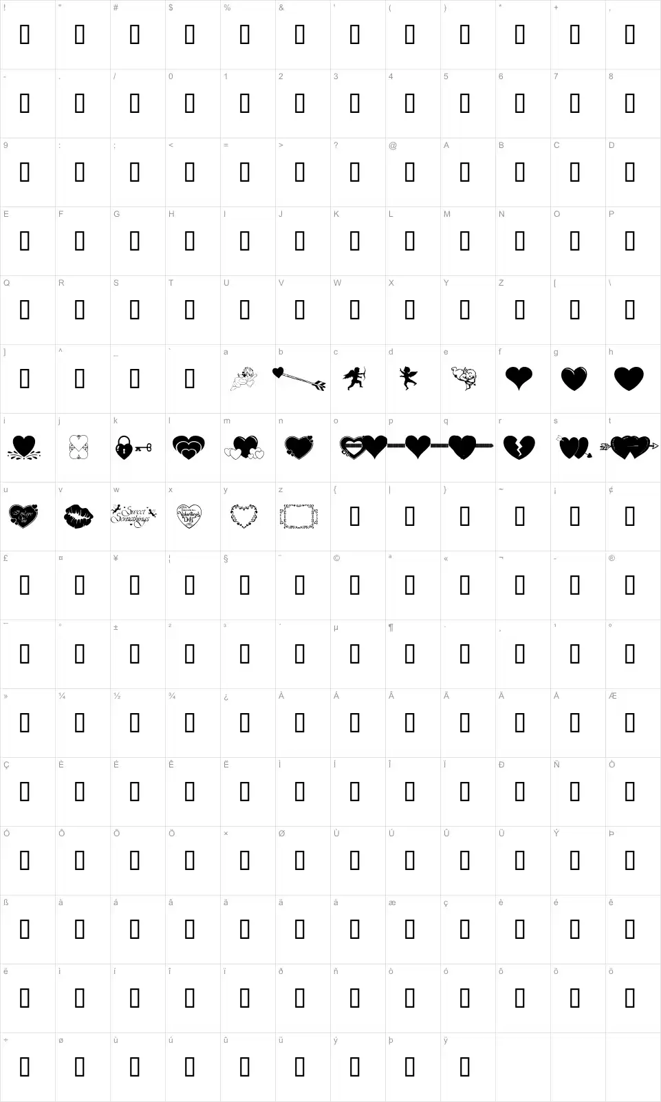 Mapa de caracteres da fonte WM Valentine