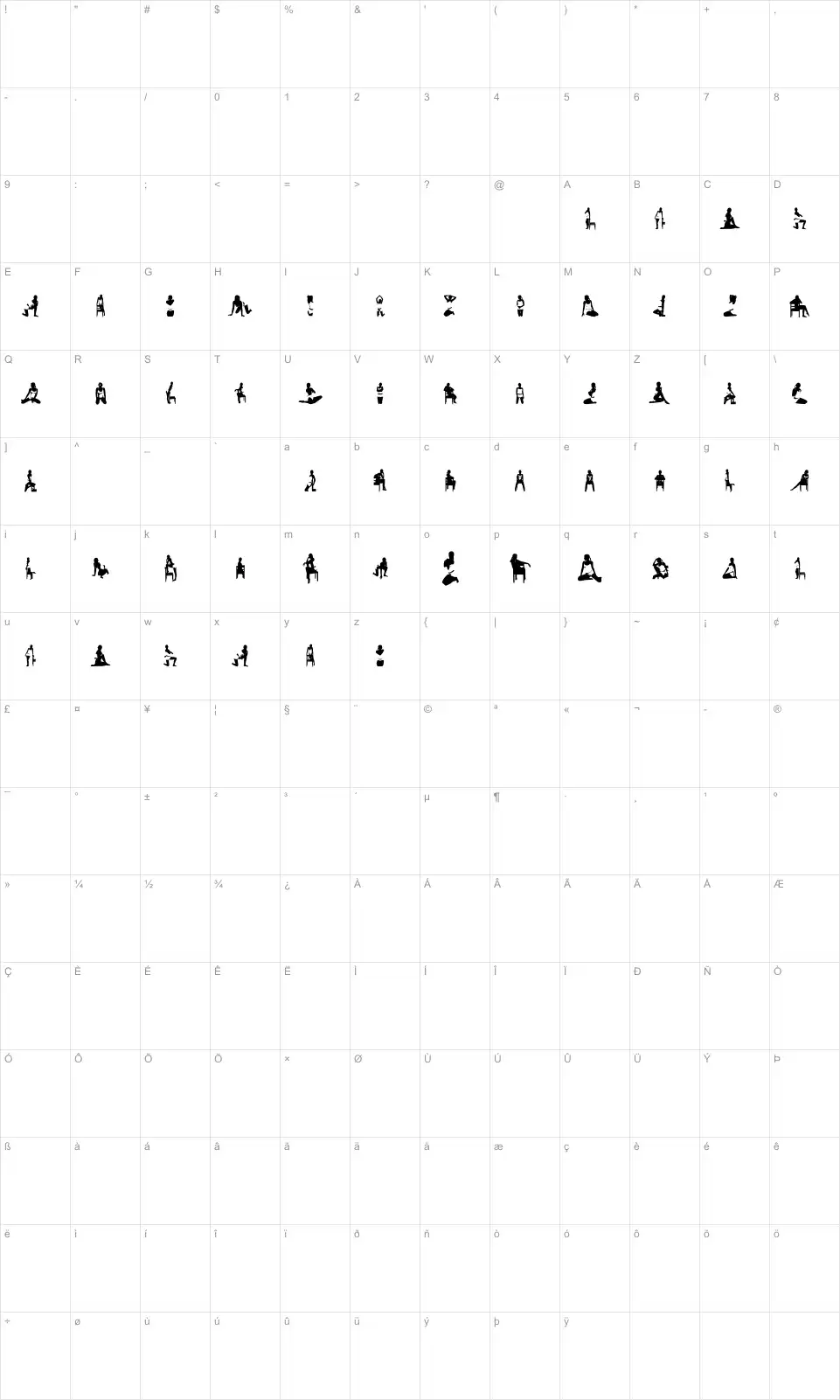 Mapa de caracteres da fonte Woman Silhouettes