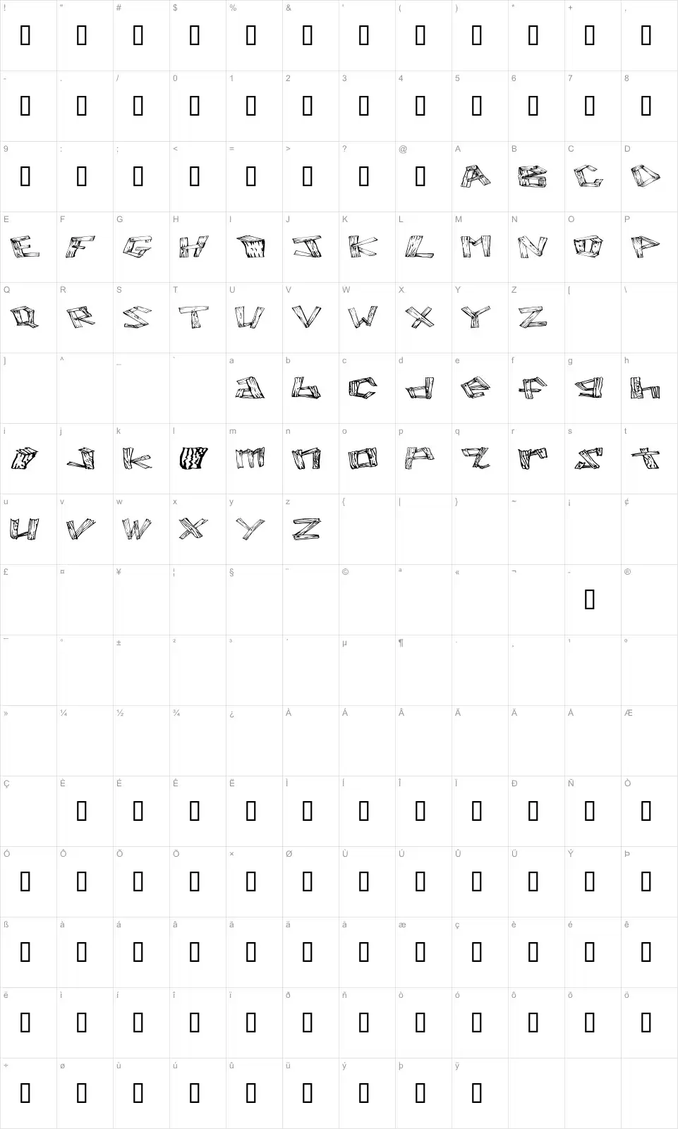 Mapa de caracteres da fonte Wood 2